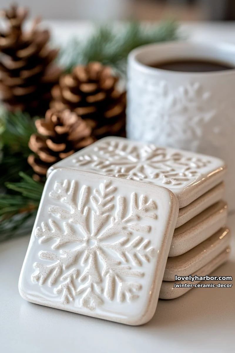 ceramic tile coasters with snowflake embossing and shimmering glaze 1