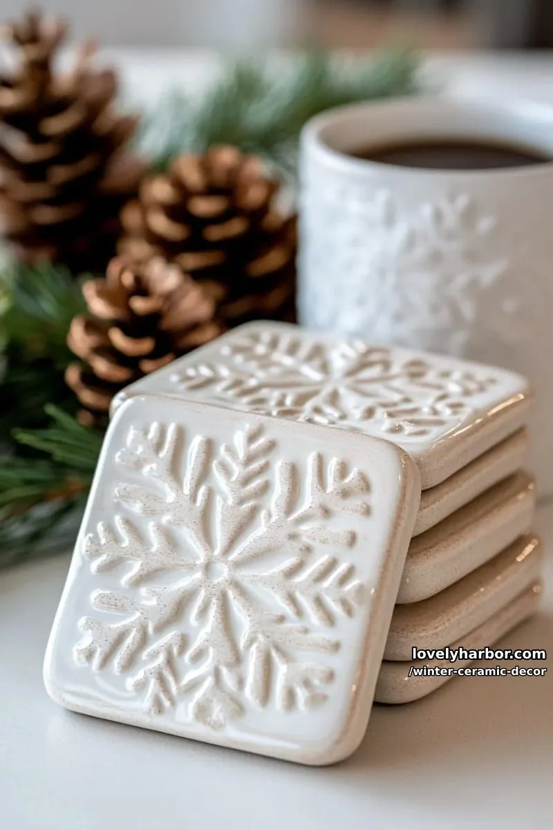 15 Cool Winter Ceramic Decor Ideas for a Winsome Home 26 ceramic tile coasters with snowflake embossing and shimmering glaze 1