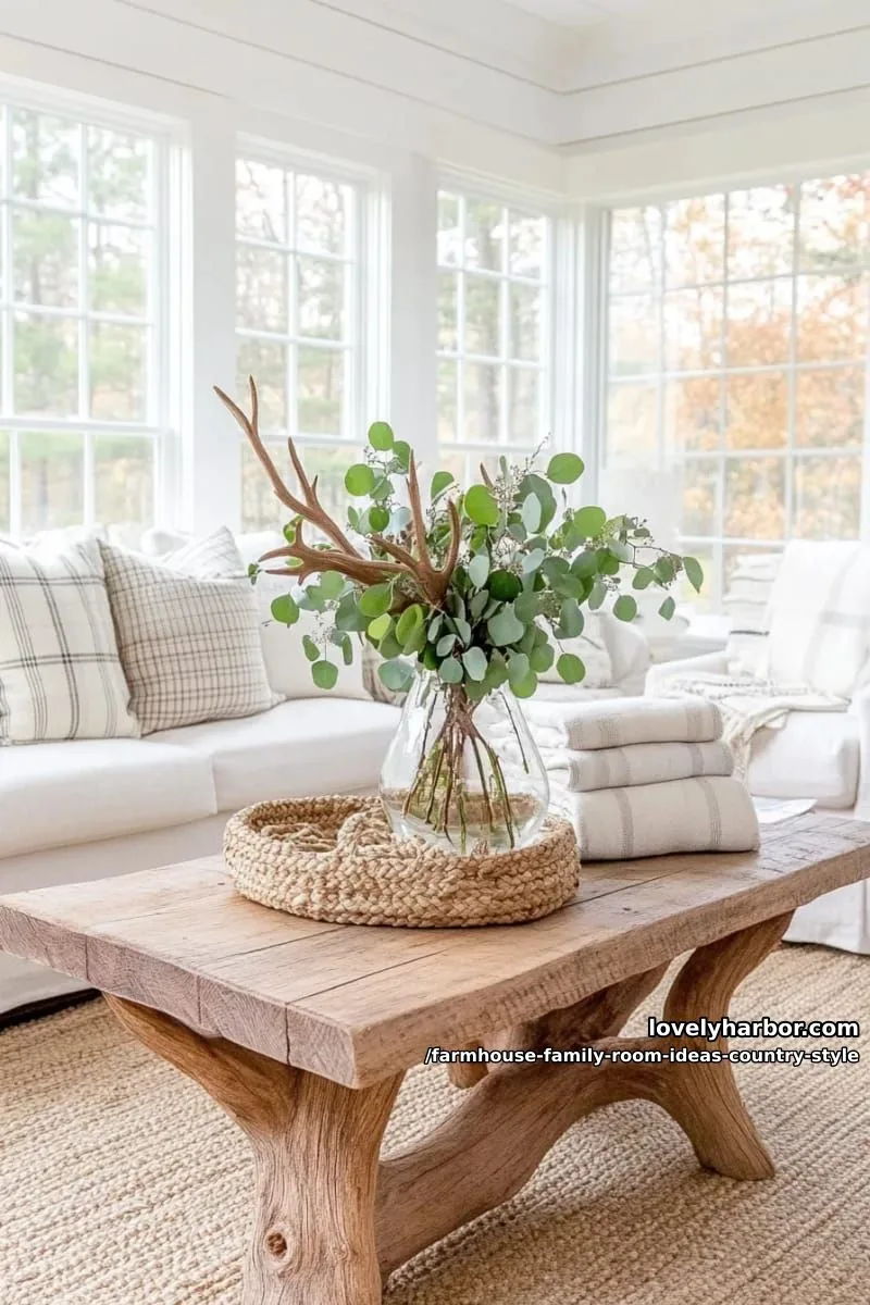 chunky farmhouse coffee table with a centerpiece of fresh eucalyptus and antler decor 1