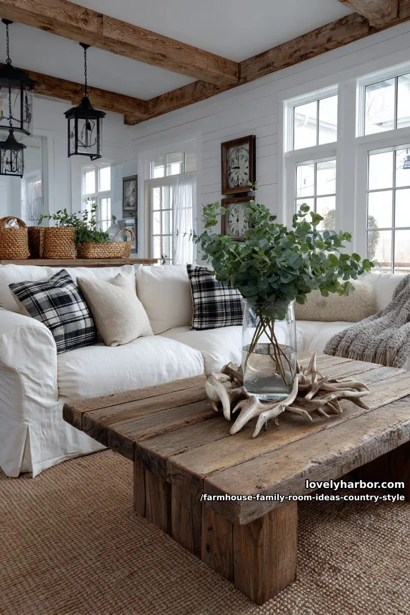 chunky farmhouse coffee table with a centerpiece of fresh eucalyptus and antler decor 1