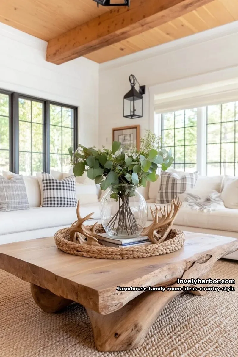 chunky farmhouse coffee table with a centerpiece of fresh eucalyptus and antler decor 1