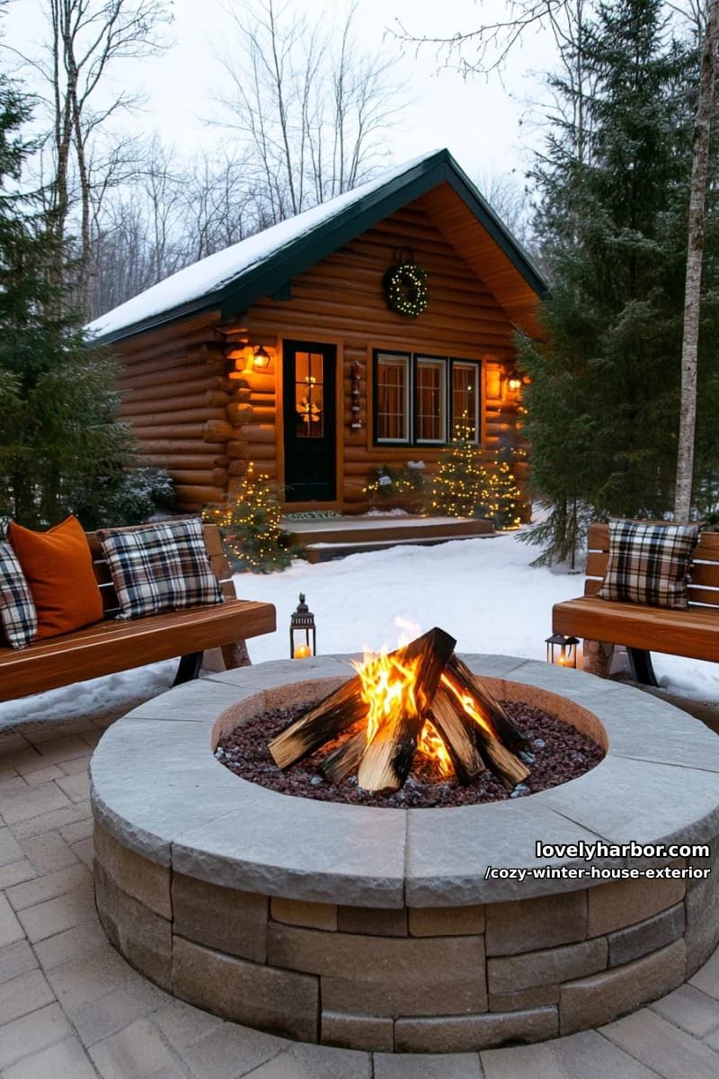 circular fire pit with rustic benches surrounded by twinkling winter décor 1