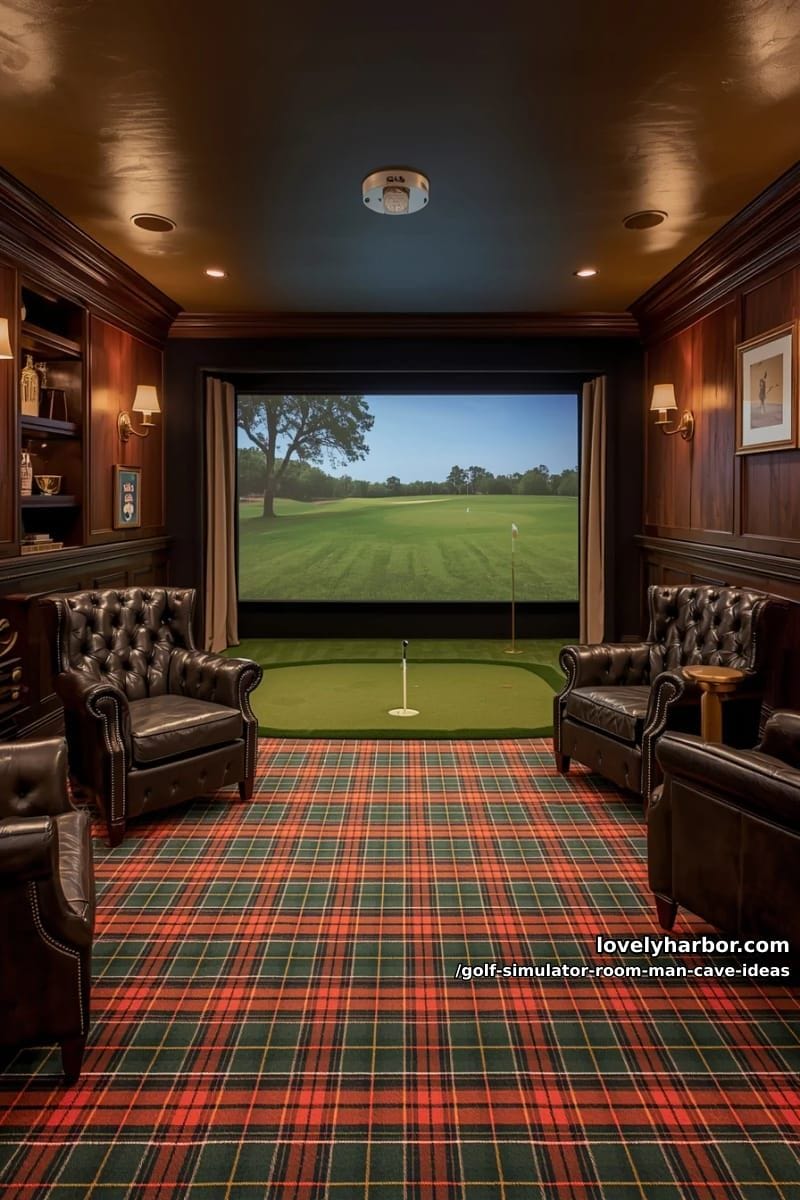 classic british club-inspired golf room with tartan carpet and brass fixtures 1
