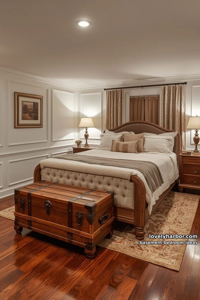 classic guest suite with panel molding, vintage trunk, and tufted bench 1