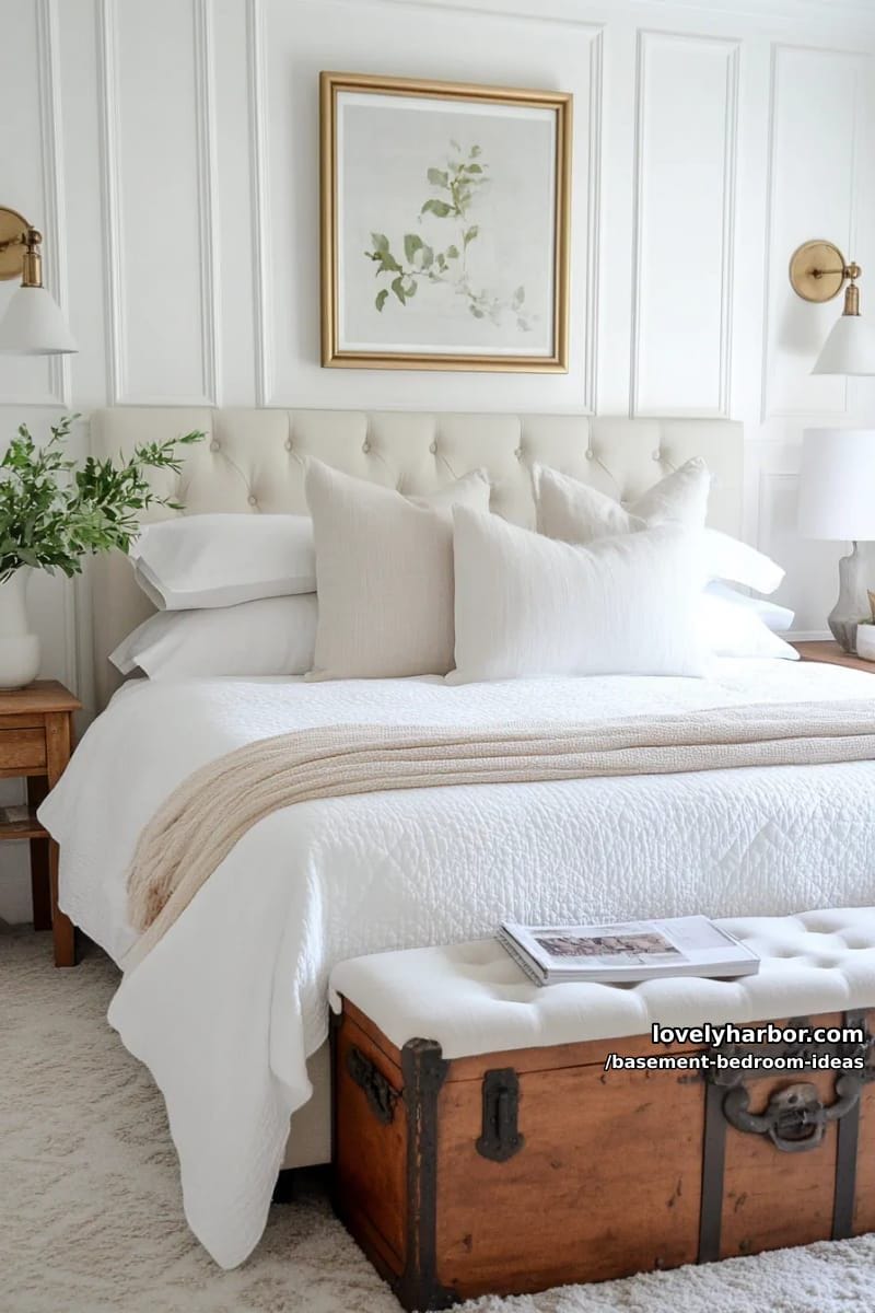 classic guest suite with panel molding, vintage trunk, and tufted bench 1