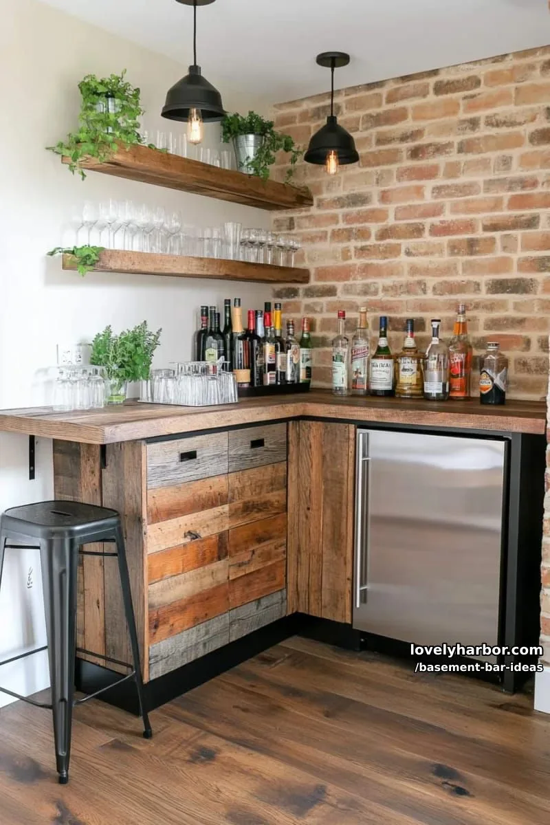 15 Modern Basement Bar Design Ideas for Comfy Entertaining 22 compact corner bar using repurposed cabinetry, under-counter fridge, and hidden storage 1