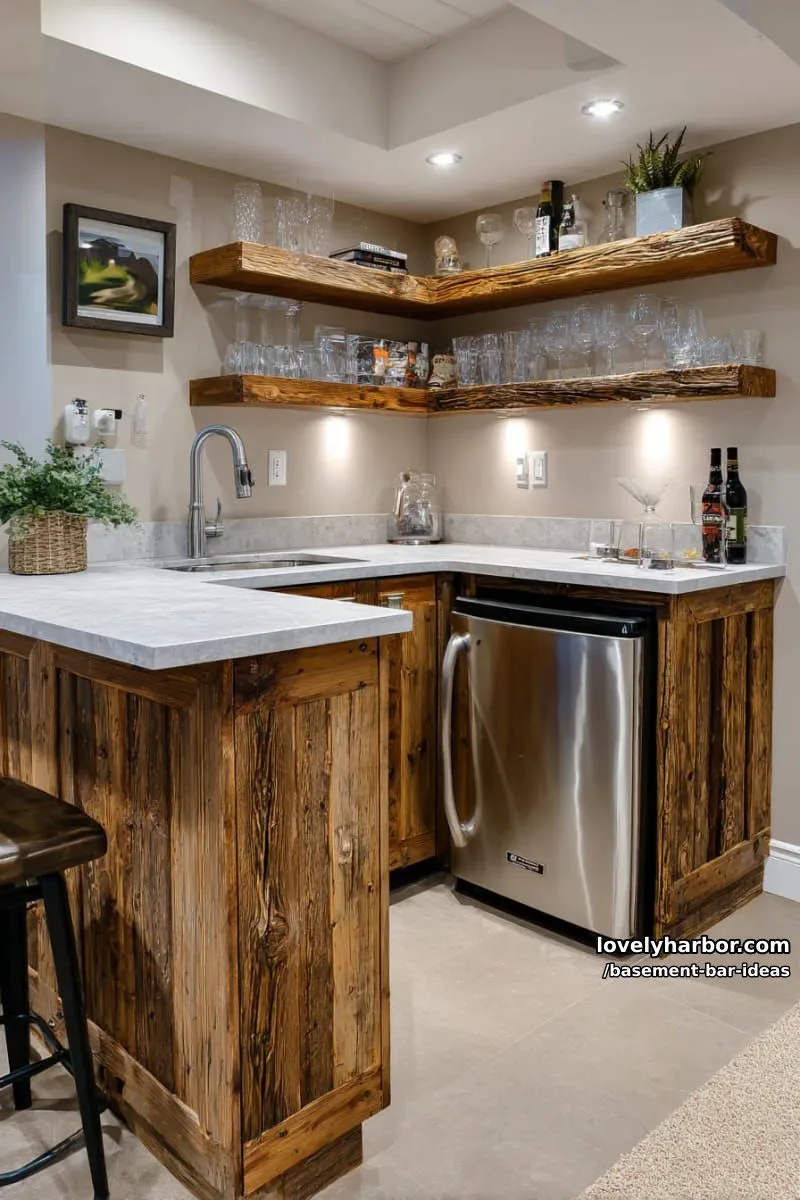 15 Modern Basement Bar Design Ideas for Comfy Entertaining 24 compact corner bar using repurposed cabinetry, under-counter fridge, and hidden storage 1
