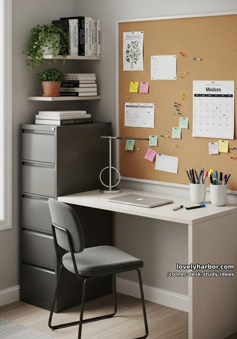 compact corner workstation featuring vertical file storage and corkboard wall 1