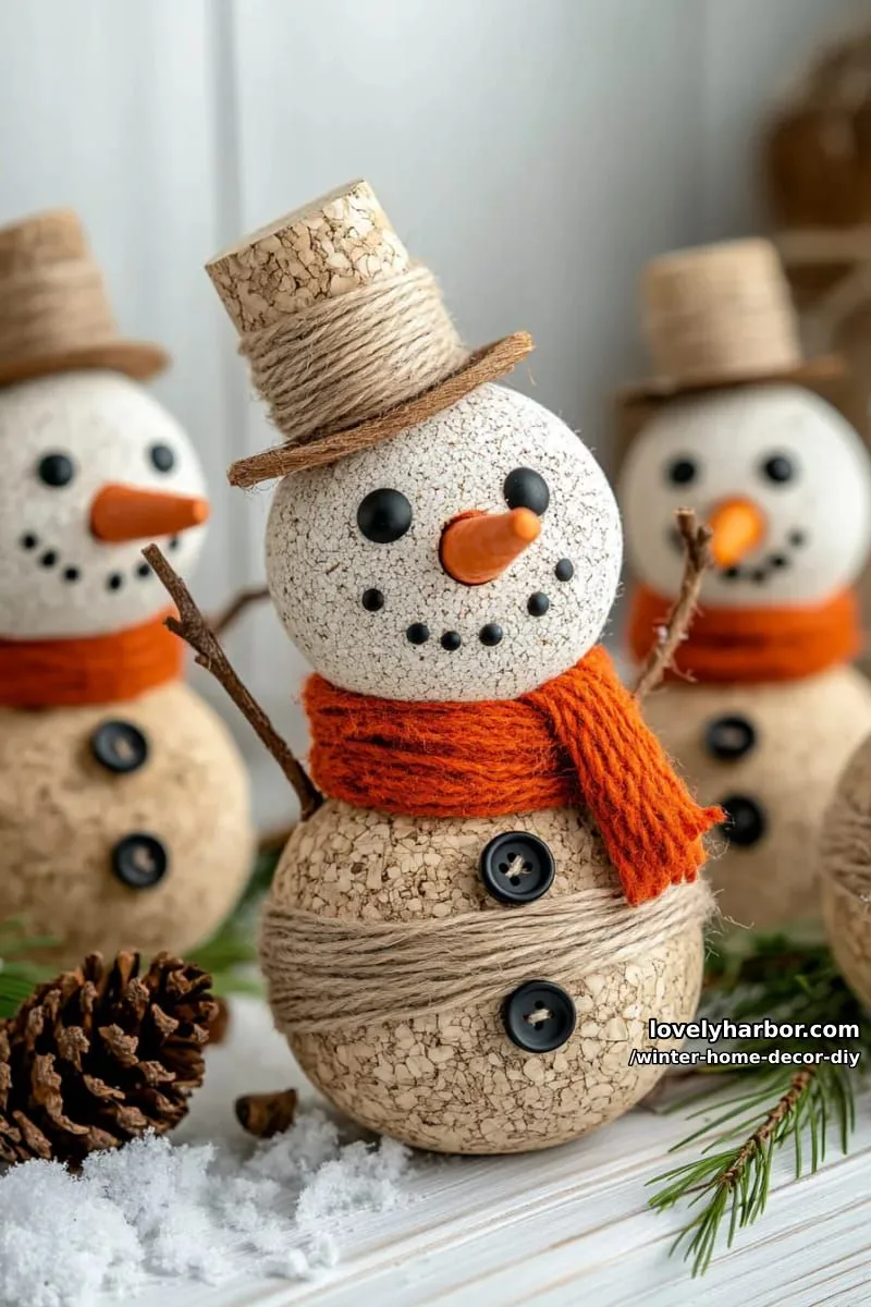 cork and twine snowmen with button accents for a playful shelf display 1
