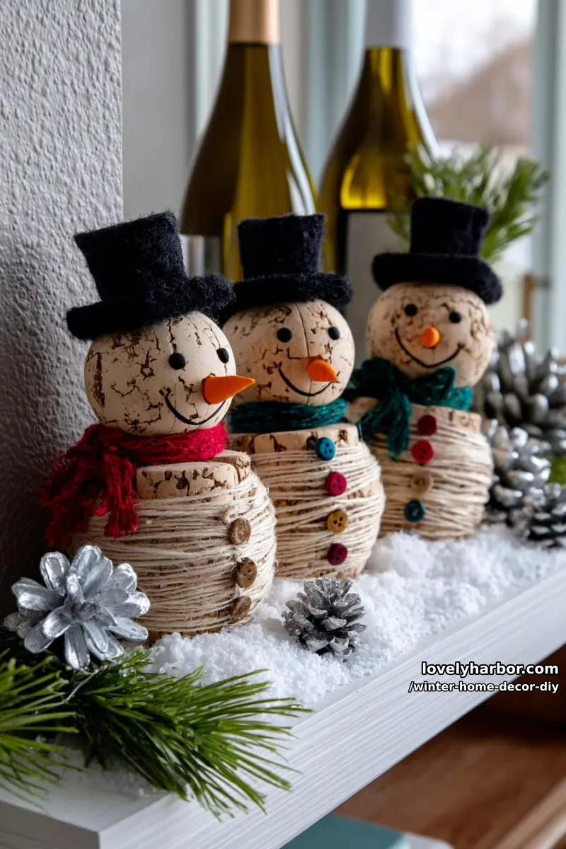 cork and twine snowmen with button accents for a playful shelf display 1
