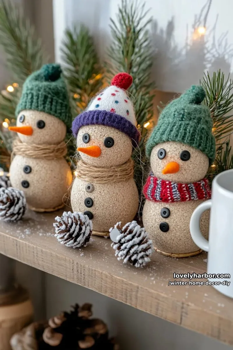 cork and twine snowmen with button accents for a playful shelf display 1