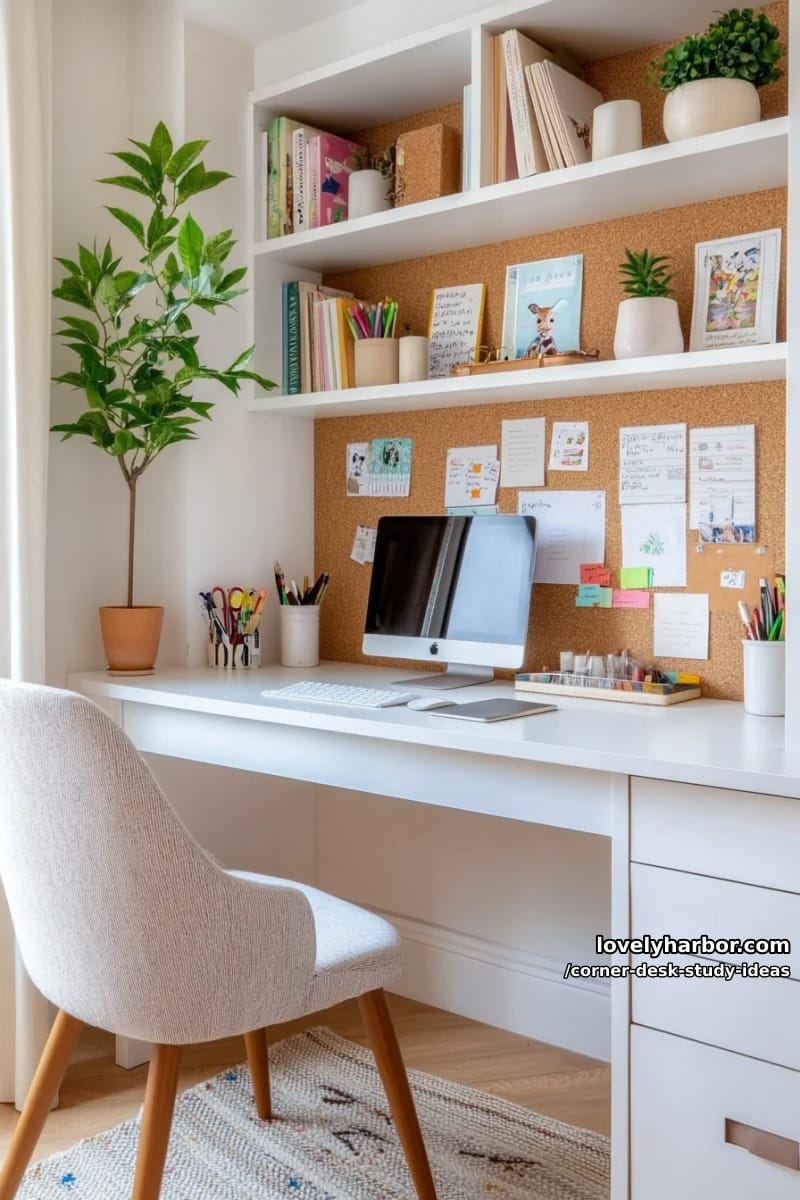 corner desk with hutch, pinboard backsplash, and color-blocked desk accessories 1