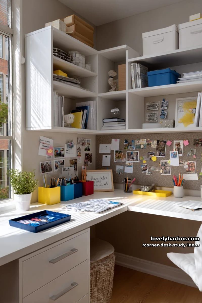 corner desk with hutch, pinboard backsplash, and color-blocked desk accessories 1