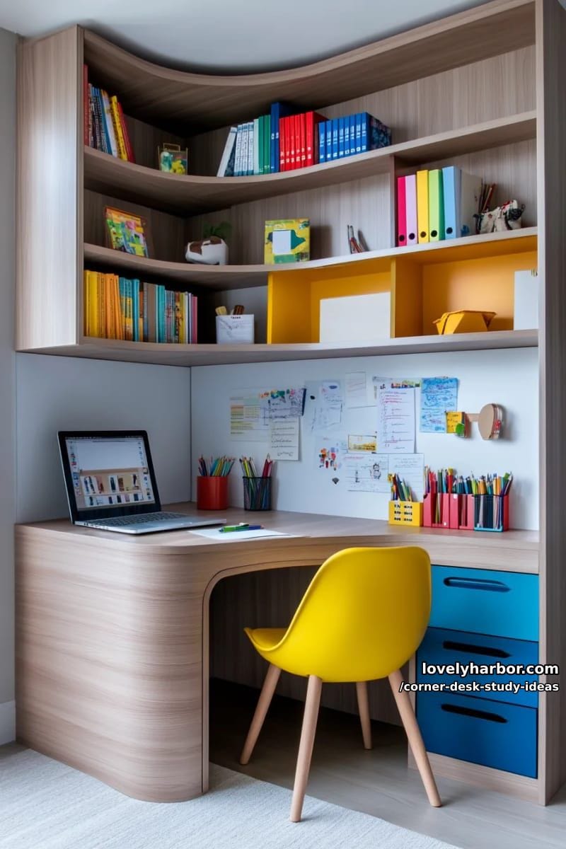 corner desk with hutch, pinboard backsplash, and color-blocked desk accessories 1