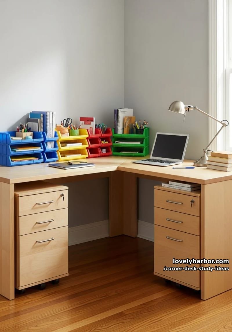 corner desk with under-desk rolling drawers and color-coded organization bins 1
