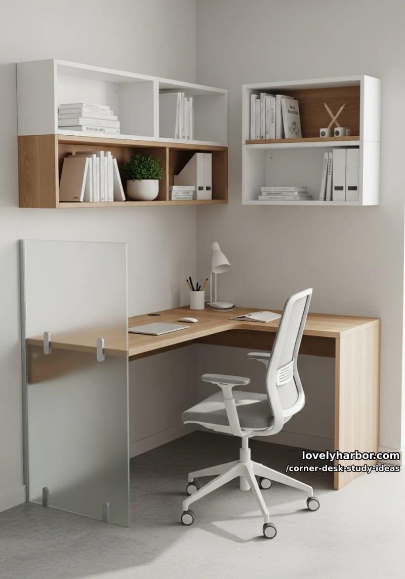 corner study station with frosted glass divider and minimalist shelves 1