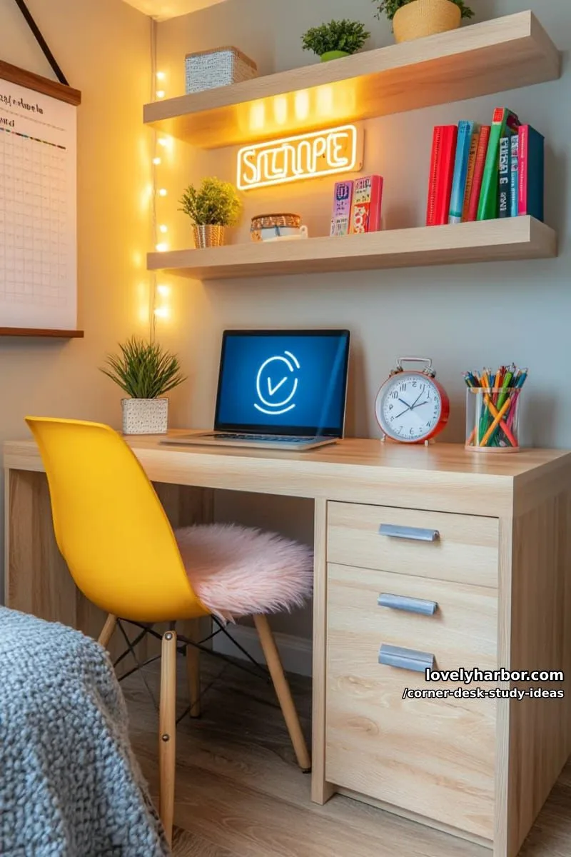 corner workstation for teens with neon sign, timer clock, and plush desk mat 1