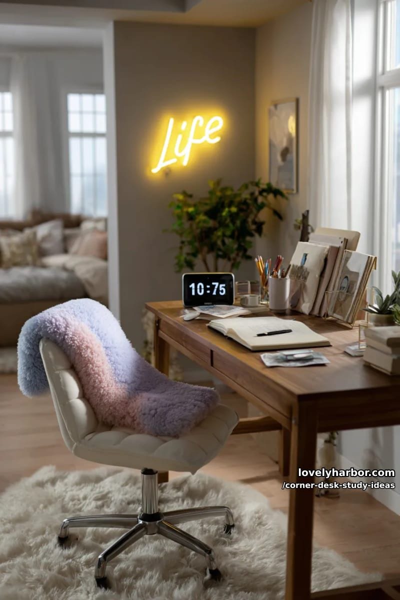 corner workstation for teens with neon sign, timer clock, and plush desk mat 1