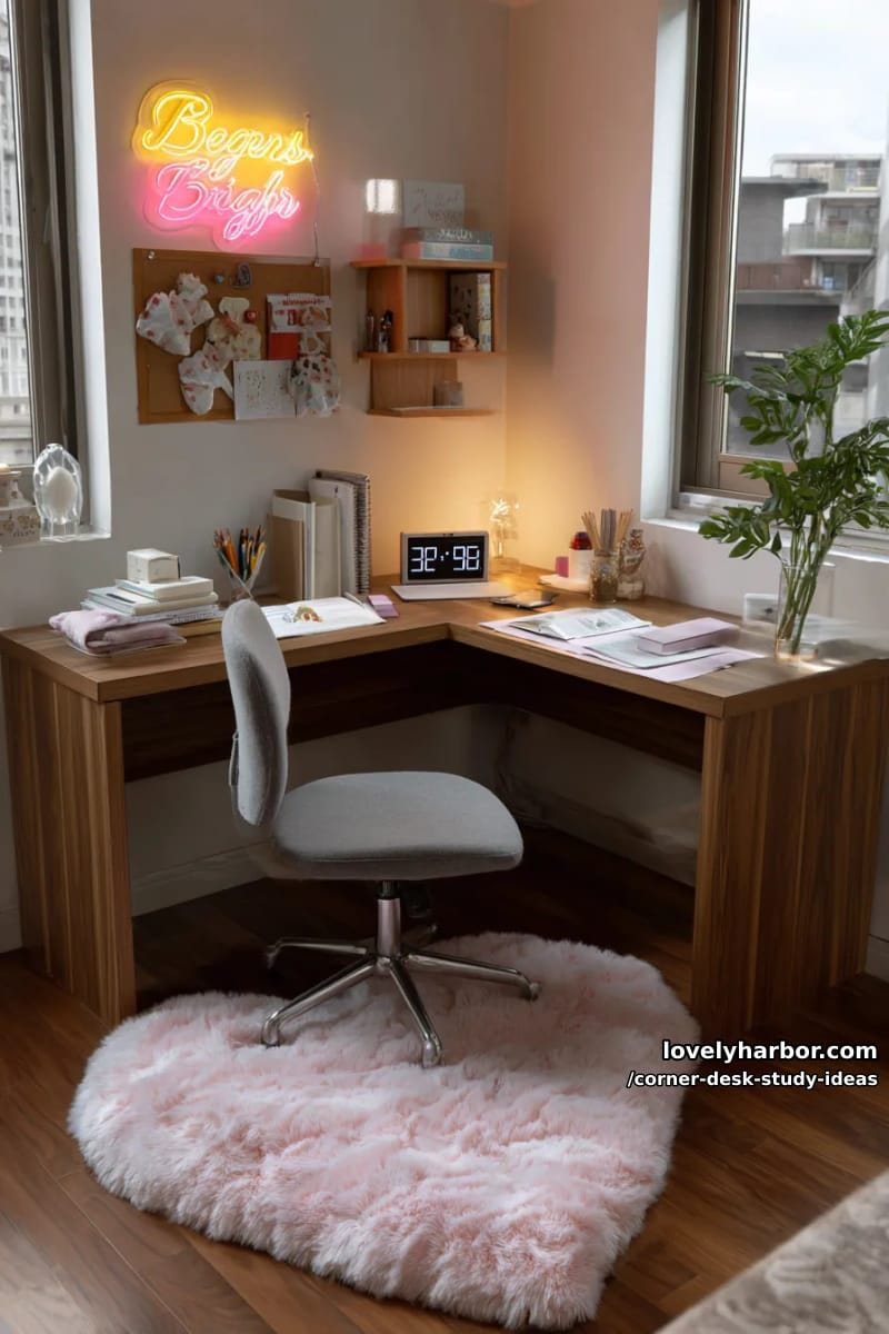 corner workstation for teens with neon sign, timer clock, and plush desk mat 1