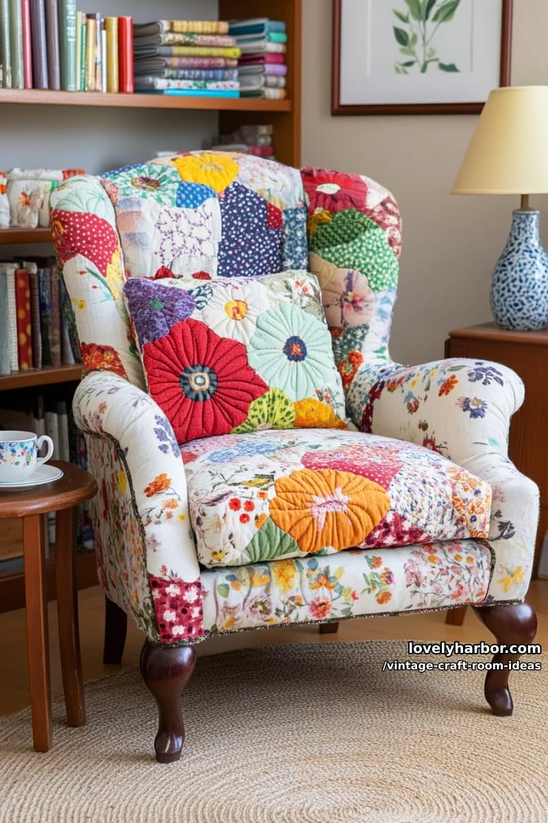 cosy reading nook with floral armchair and handmade patchwork quilt accents 1