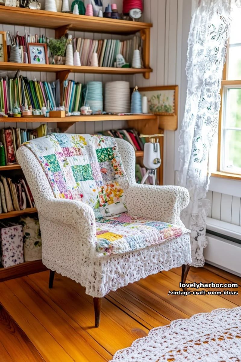 cosy reading nook with floral armchair and handmade patchwork quilt accents 1