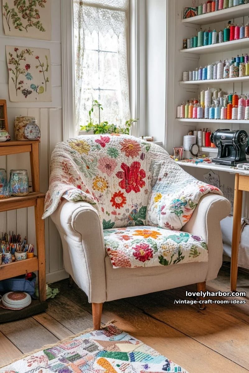 cosy reading nook with floral armchair and handmade patchwork quilt accents 1