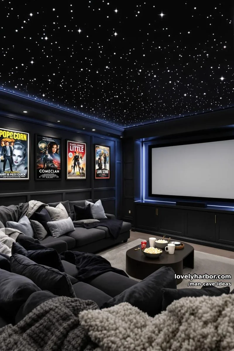 15 Classy Man Cave Ideas to Personalize Your Space 28 cozy basement cinema with tiered sofa seating and fiber-optic star ceiling 1