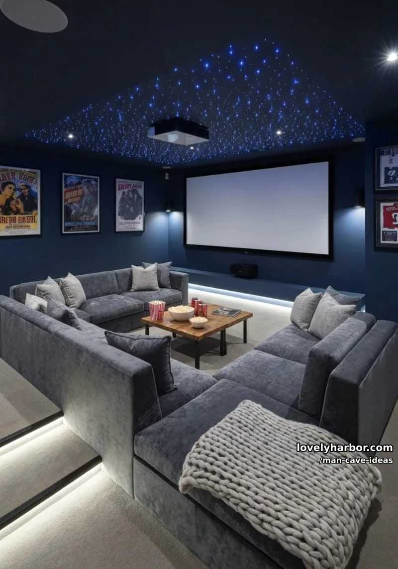 15 Classy Man Cave Ideas to Personalize Your Space 29 cozy basement cinema with tiered sofa seating and fiber-optic star ceiling 1