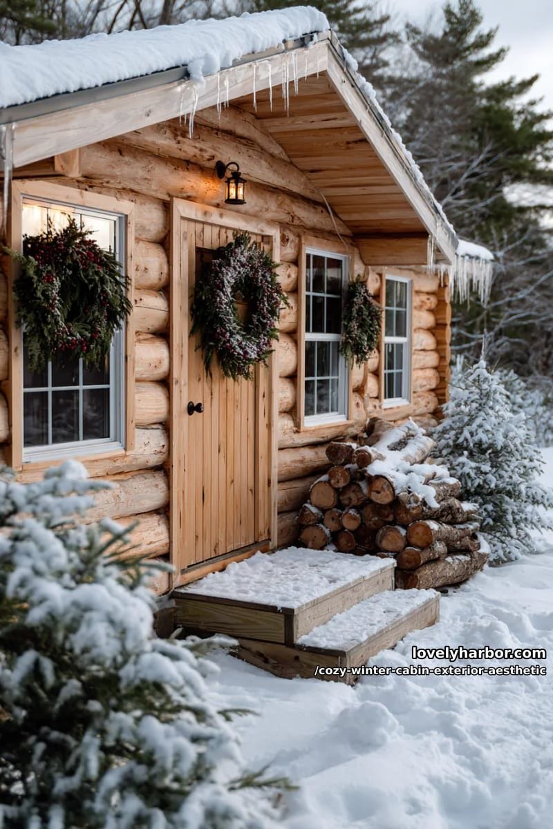 cozy cabin exterior accented with wreaths made from pinecones and berries 1