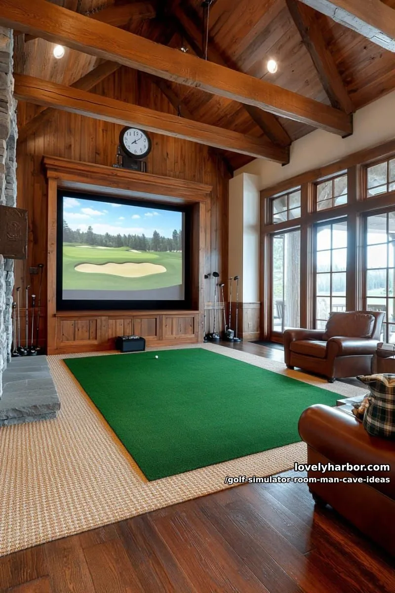 15 Cool Man Cave with Golf Simulator Room 4 cozy cabin-style golf room with reclaimed wood beams and vintage golf decor 1