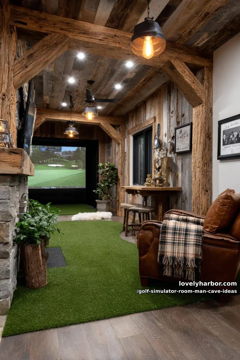 15 Cool Man Cave with Golf Simulator Room 5 cozy cabin-style golf room with reclaimed wood beams and vintage golf decor 1
