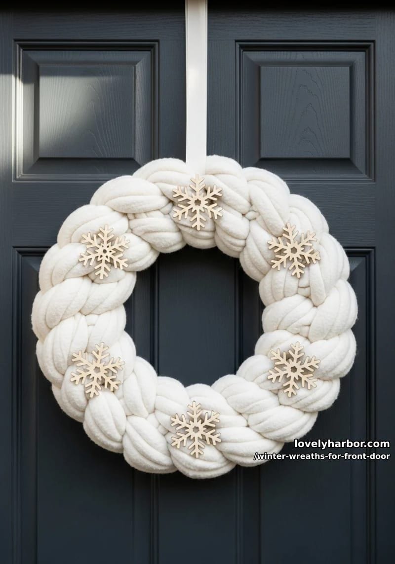 cozy chunky knit scarf wreath in ivory with wooden snowflake accents 1