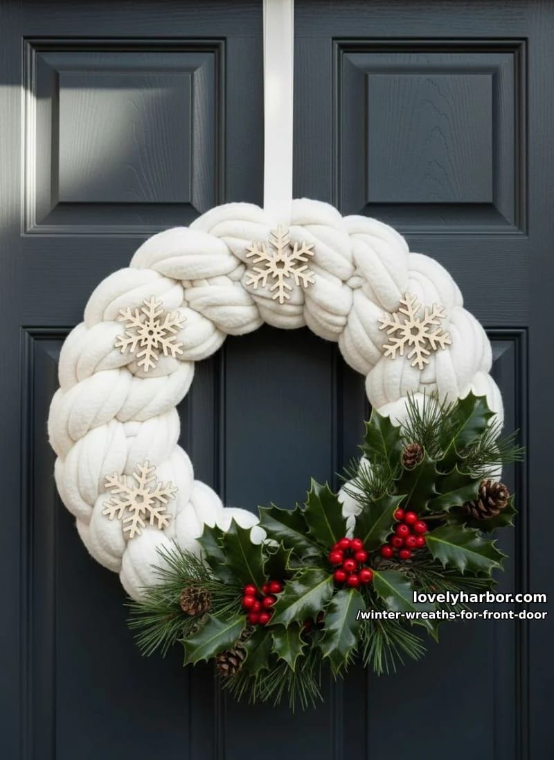 cozy chunky knit scarf wreath in ivory with wooden snowflake accents 1