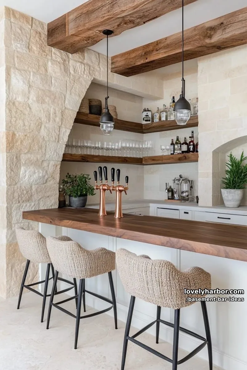 15 Modern Basement Bar Design Ideas for Comfy Entertaining 10 cozy farmhouse basement bar with rustic wood beams, stone backsplash, and copper taps 1