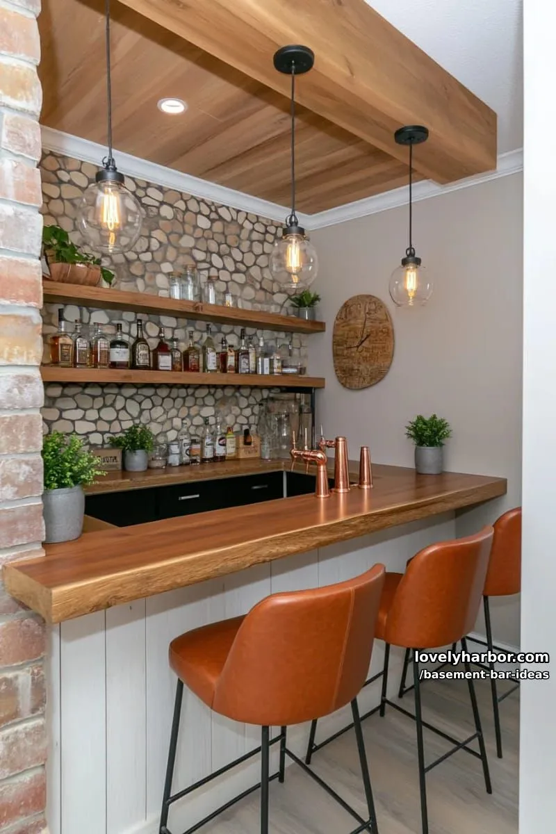 15 Modern Basement Bar Design Ideas for Comfy Entertaining 11 cozy farmhouse basement bar with rustic wood beams, stone backsplash, and copper taps 1