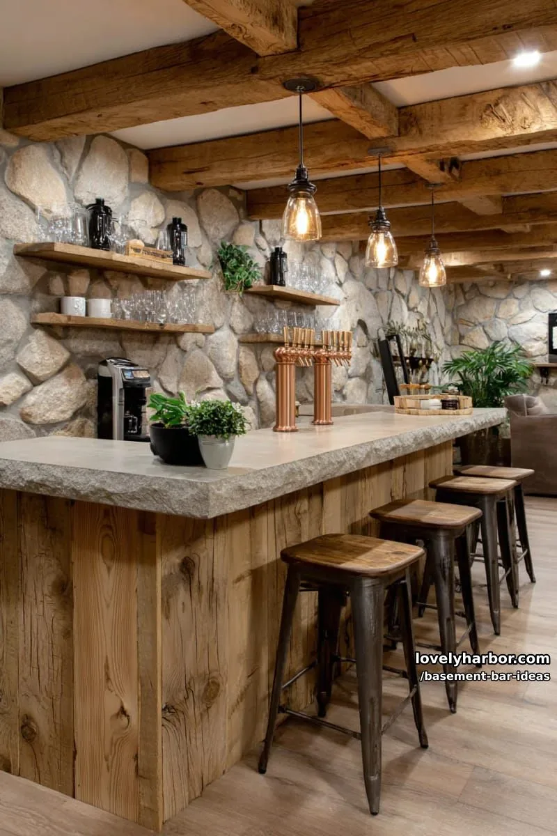 15 Modern Basement Bar Design Ideas for Comfy Entertaining 12 cozy farmhouse basement bar with rustic wood beams, stone backsplash, and copper taps 1
