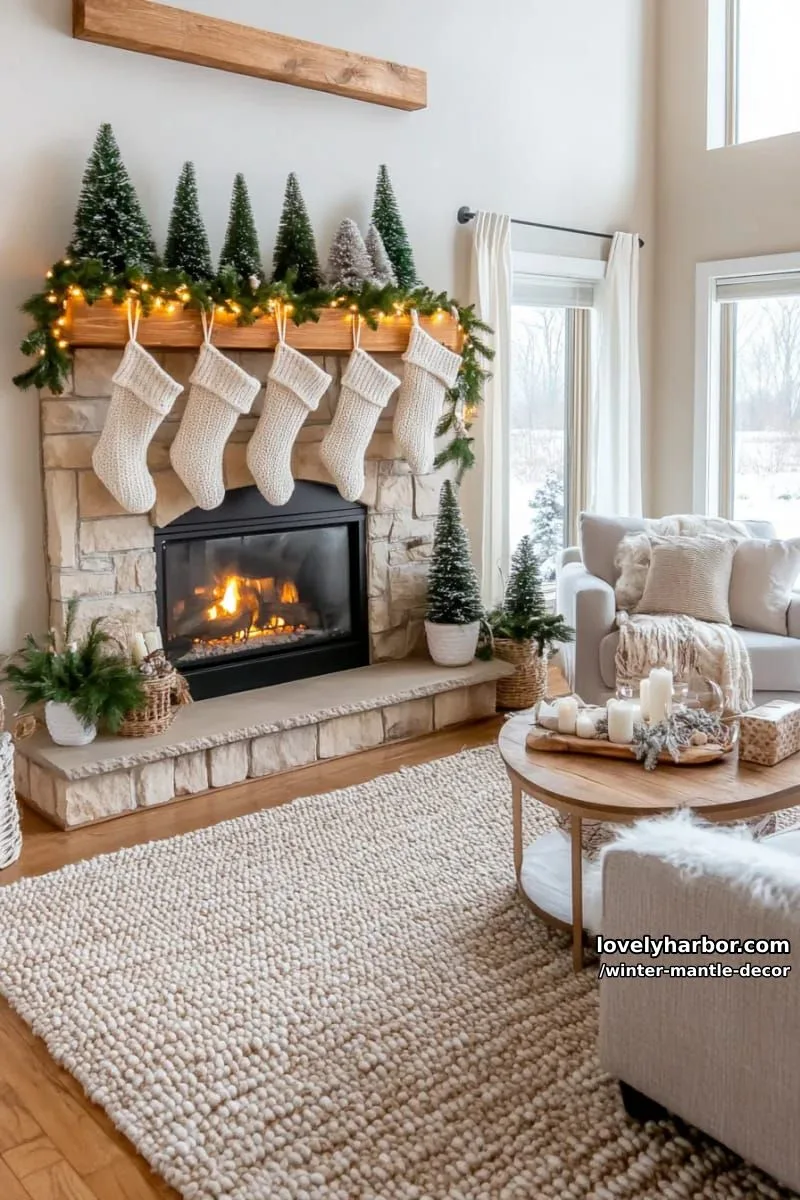 15 Stylish Winter Mantel Looks to Elevate Your Home 6 cozy flocked tree figurines grouped with knit stockings and chunky blanket tassels. 1
