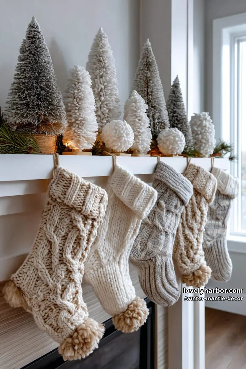 15 Stylish Winter Mantel Looks to Elevate Your Home 7 cozy flocked tree figurines grouped with knit stockings and chunky blanket tassels. 1