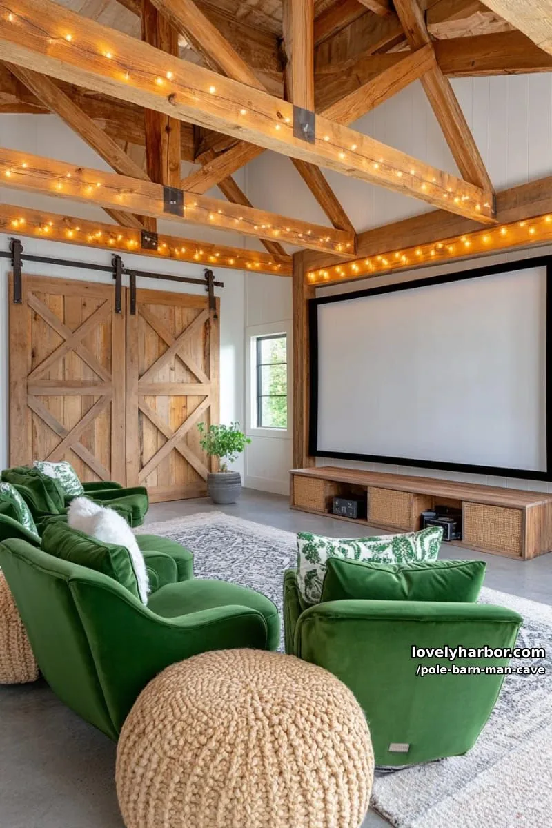 cozy movie night theater with barn doors and velvet recliners 1