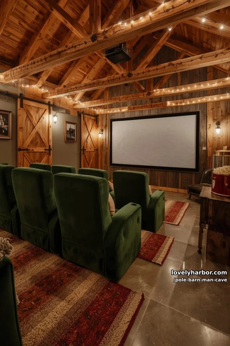 cozy movie night theater with barn doors and velvet recliners 1