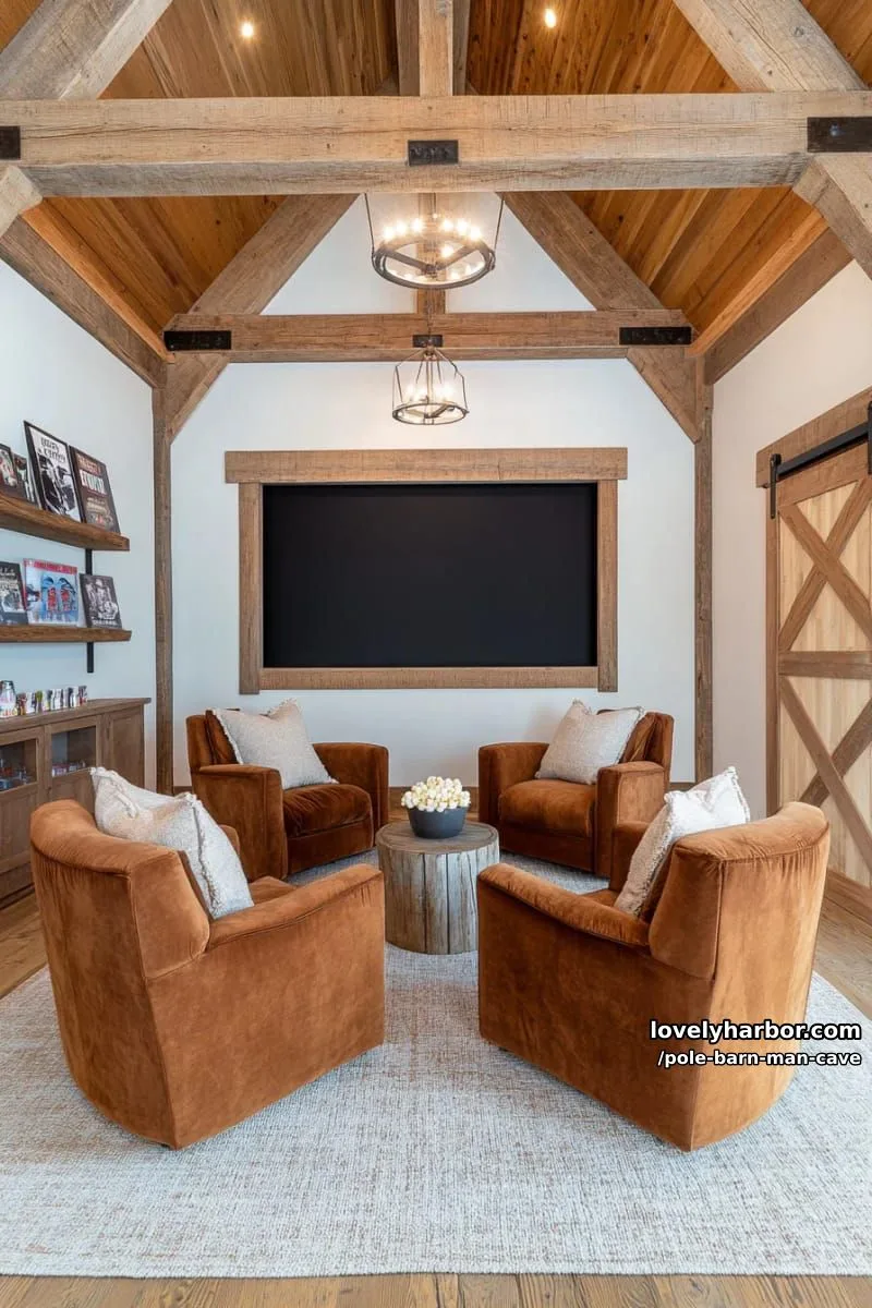 cozy movie night theater with barn doors and velvet recliners 1