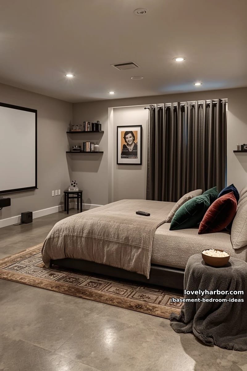 cozy movie-night zone: projector screen opposite a bed with velvet pillows 1
