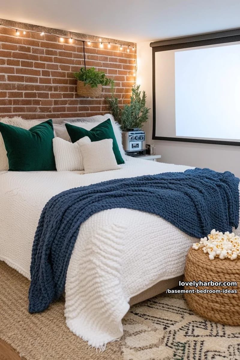 cozy movie-night zone: projector screen opposite a bed with velvet pillows 1