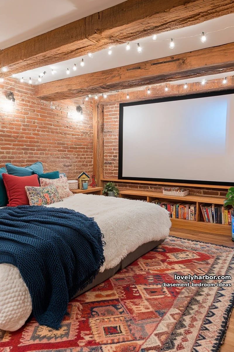 cozy movie-night zone: projector screen opposite a bed with velvet pillows 1