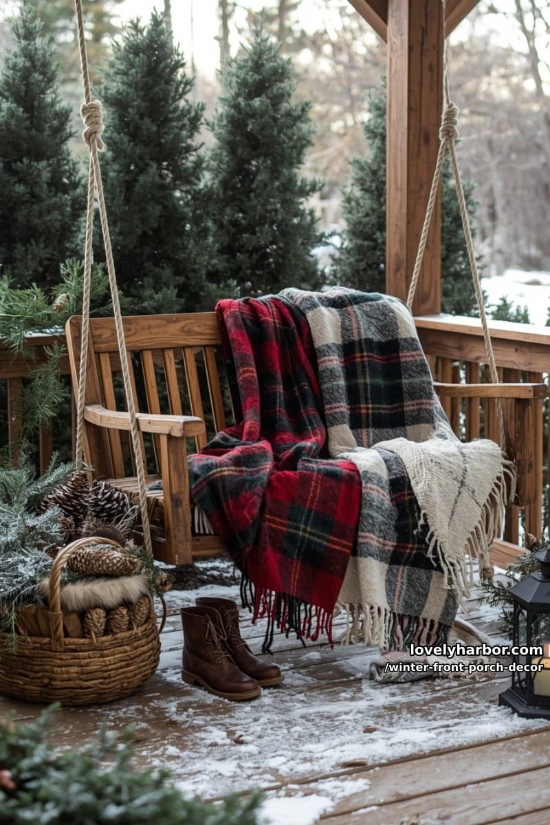 cozy plaid throw blankets draped over a porch swing by pine trees 1