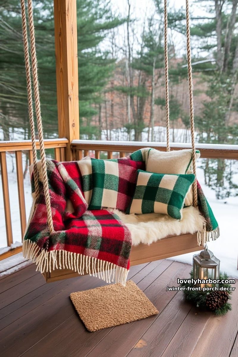 cozy plaid throw blankets draped over a porch swing by pine trees 1