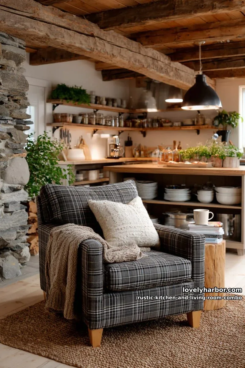 cozy reading corner with plaid armchair beside open kitchen shelving 1