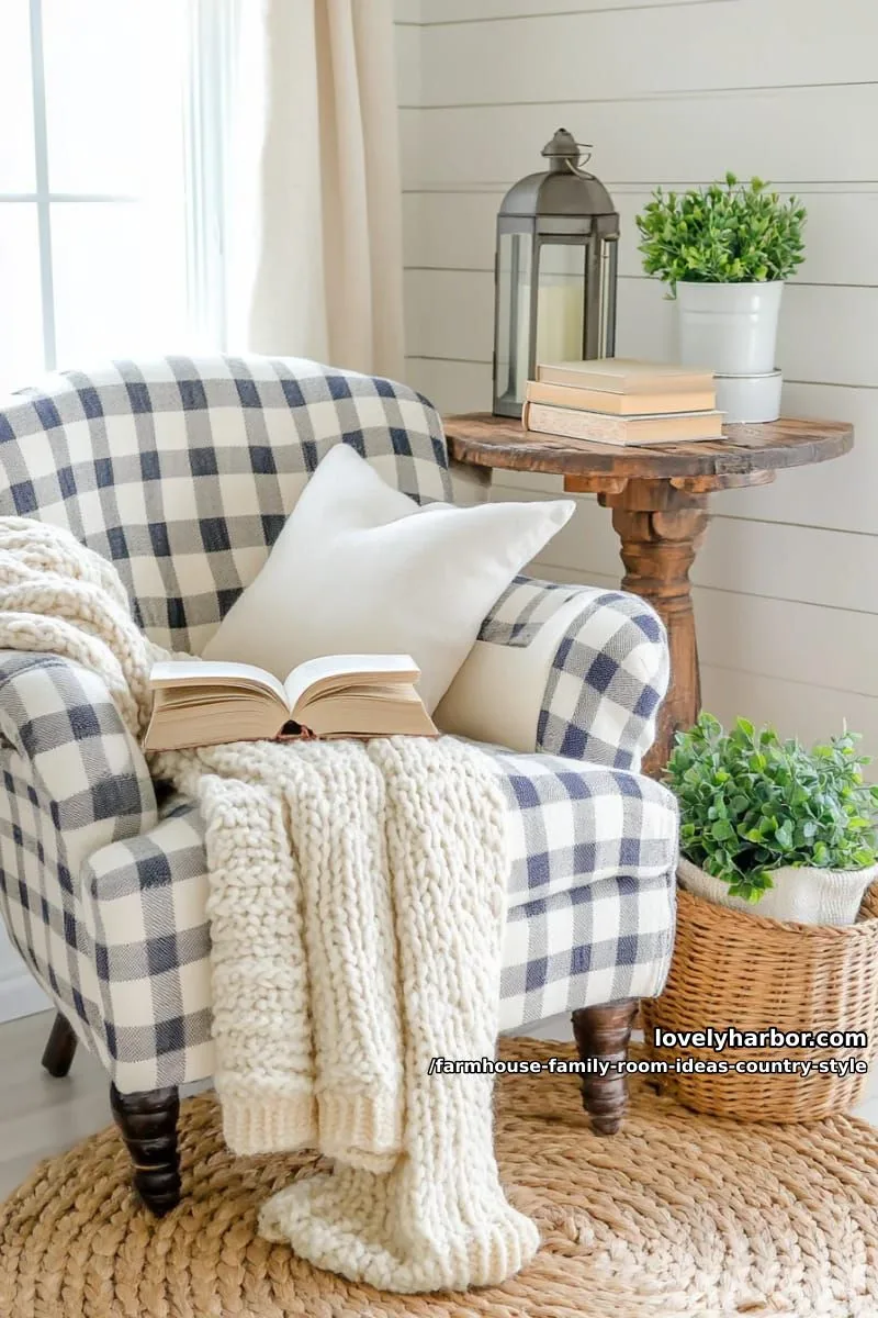 cozy reading nook with buffalo check armchair and a stack of classic books 1