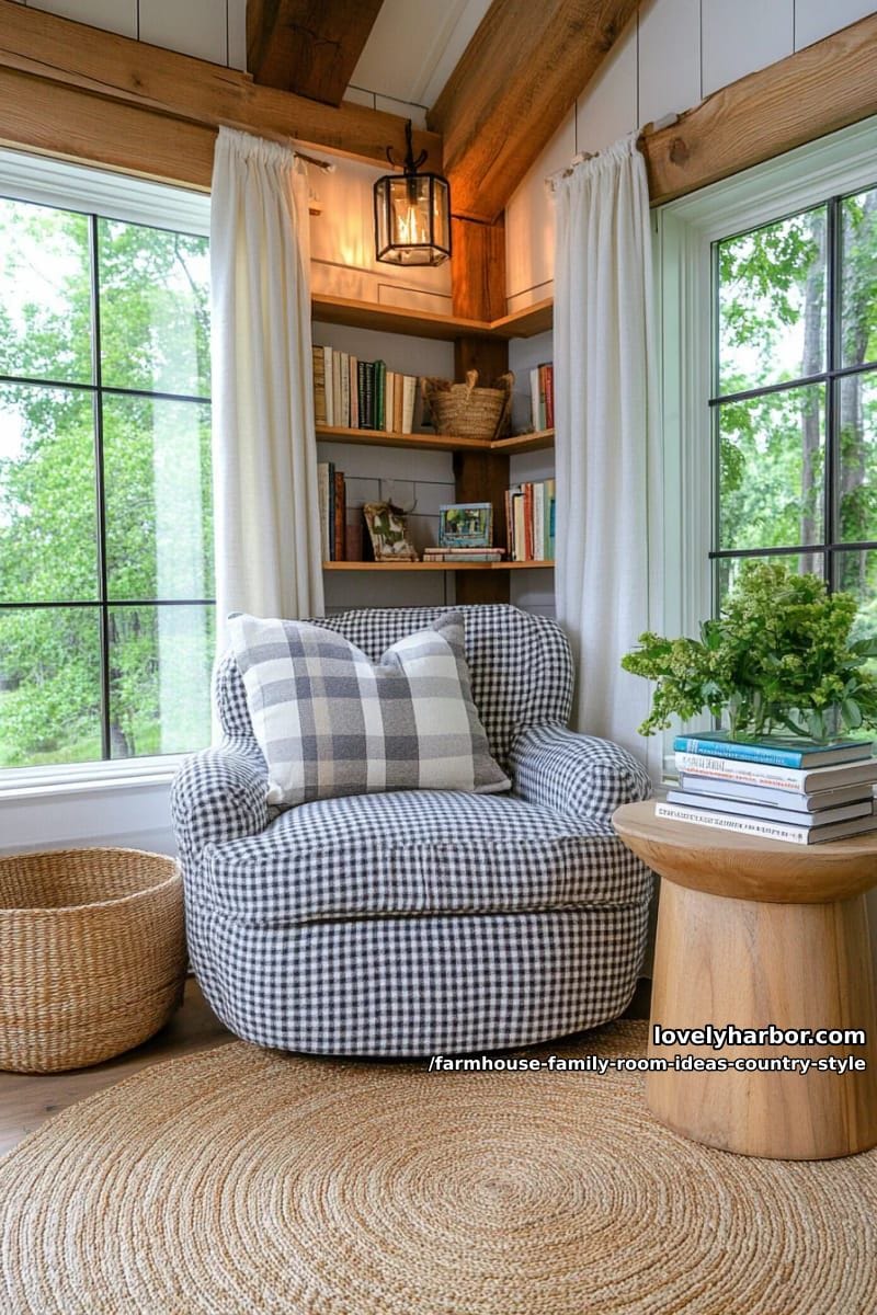 cozy reading nook with buffalo check armchair and a stack of classic books 1