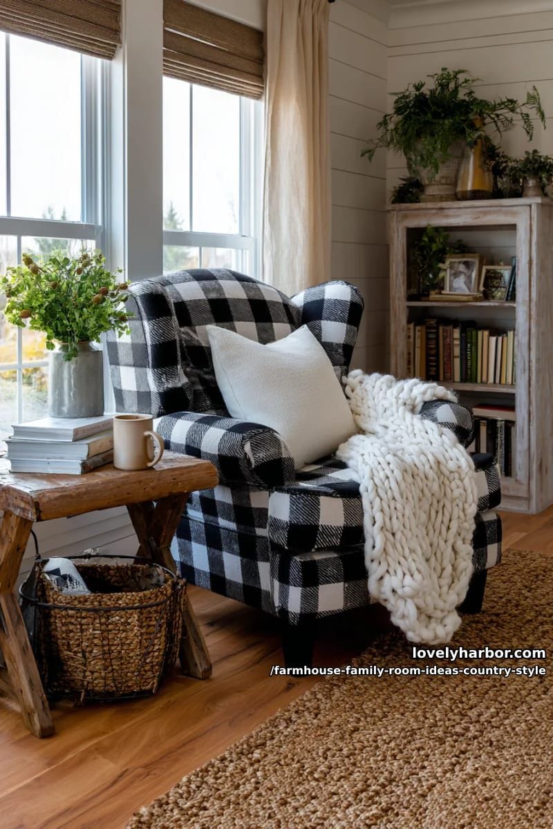 cozy reading nook with buffalo check armchair and a stack of classic books 1